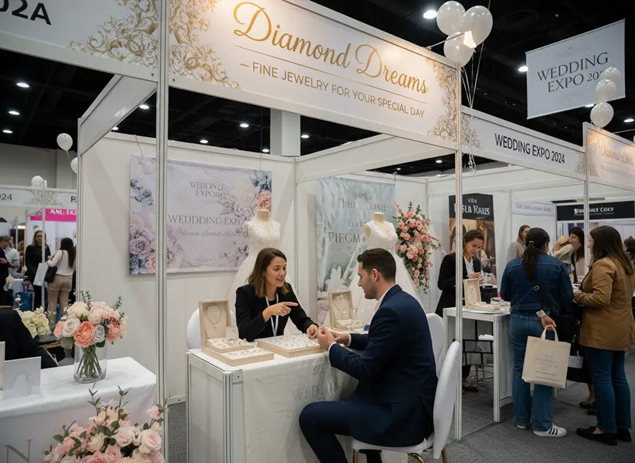 박람회 부스에서 예물샵 직원과 대화하는 모습