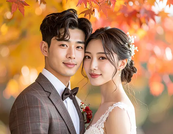 가을 웨딩, 아름다운 단풍이 물든 배경 복사