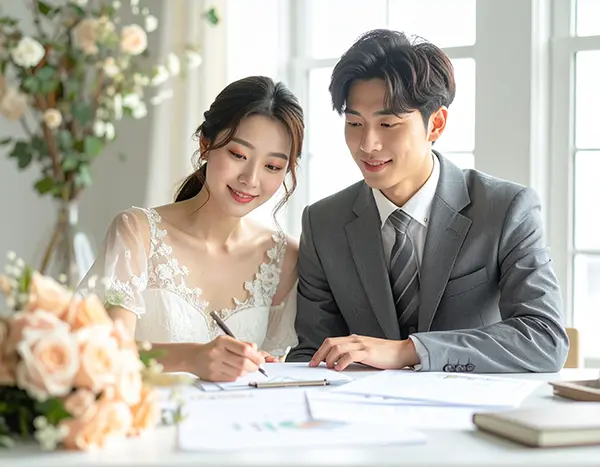 계절별 웨딩 예약을 계획하는 커플의 모습 복사