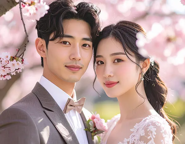 봄 웨딩, 벚꽃이 만개한 아름다운 배경 복사