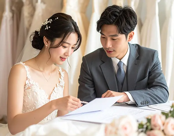 웨딩박람회 계약서를 확인하는 커플의 모습