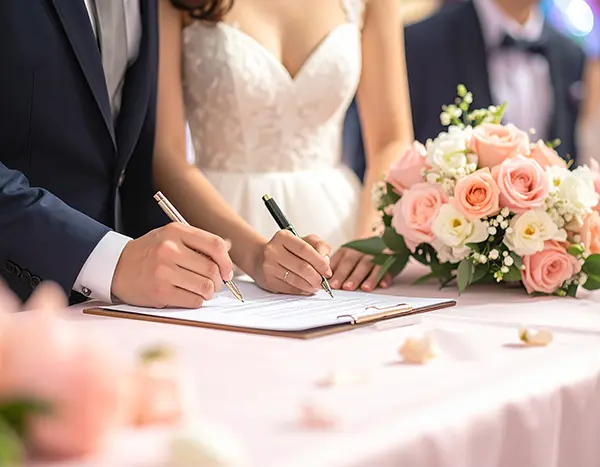 웨딩박람회에서 계약하는 커플의 모습