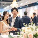 웨딩박람회에서 상담받는 커플의 모습