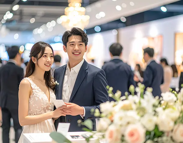 웨딩박람회에서 상담받는 커플의 모습