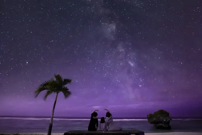 Couple looking at the starry night sky with Milky Way in Guam