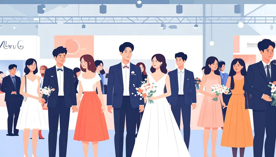 다양한 웨딩 부스를 둘러보는 커플들